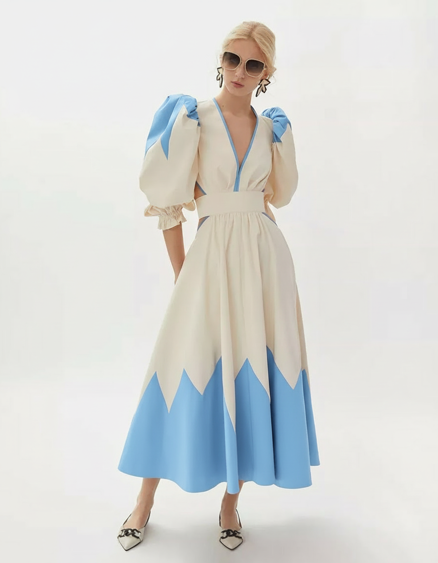 Marcelle puff V-Neck Dress